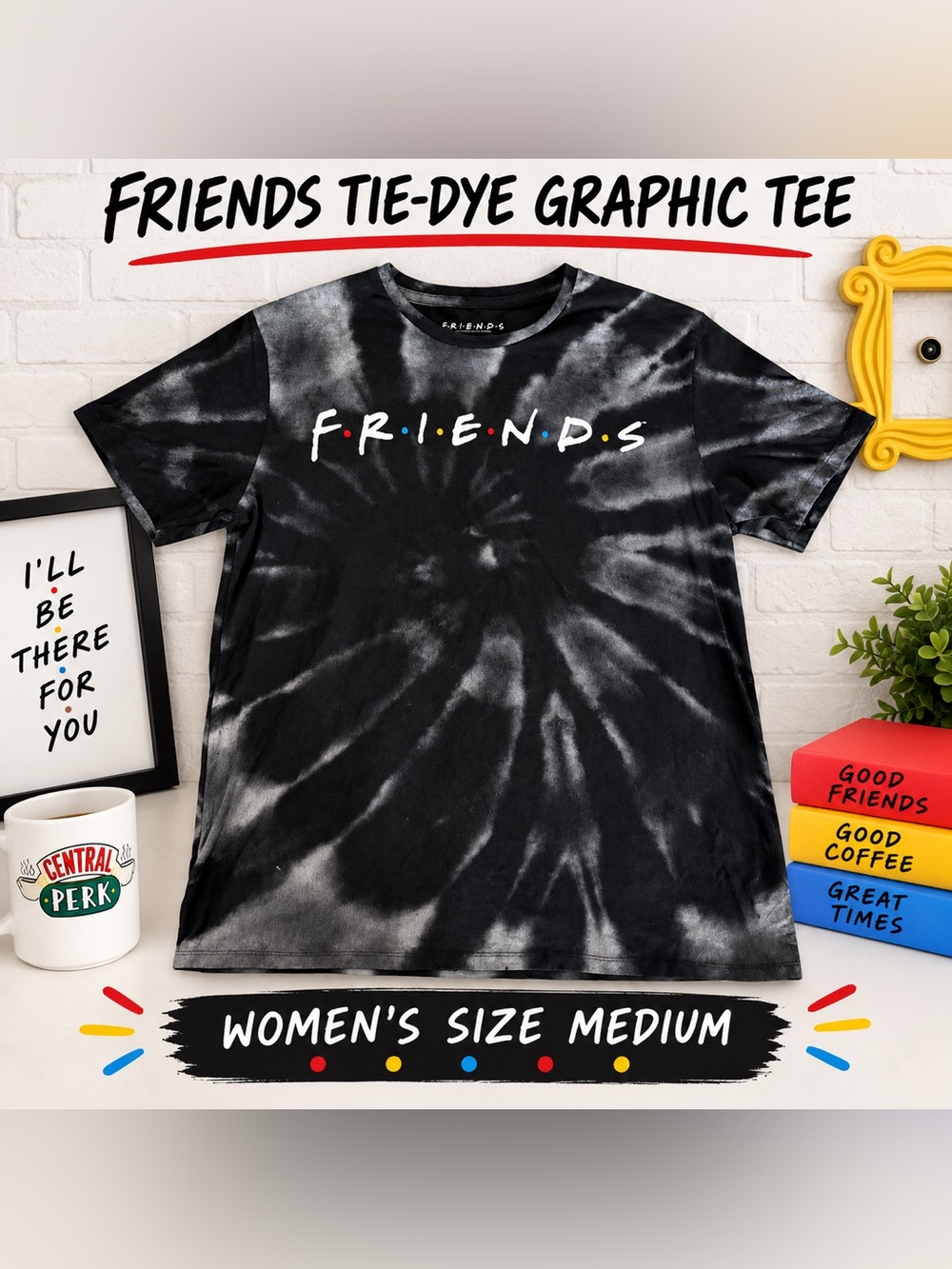 #0342 Friends TV Show Black Gray Tie-Dye Graphic T-Shirt Women’s Medium